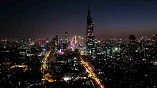 江苏南京CBD紫峰大厦建筑群日落夜景航拍