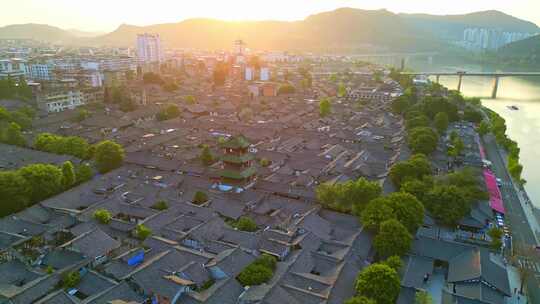 四川阆中古城高视角航拍古建筑街道日出曙光