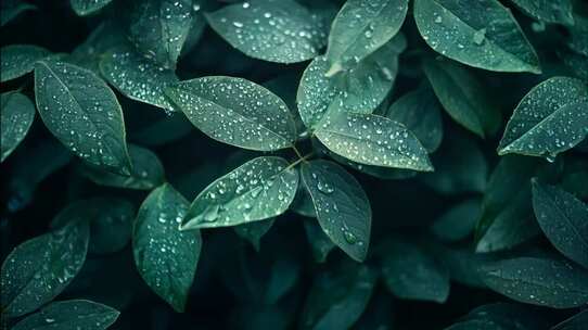 雨中的夏草枝叶露水水滴