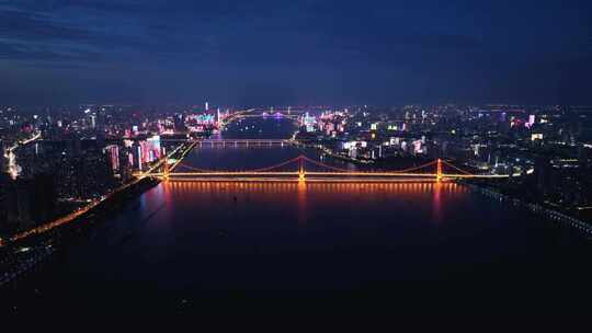 夜景航拍武汉主城两岸鹦鹉洲大桥灯光秀