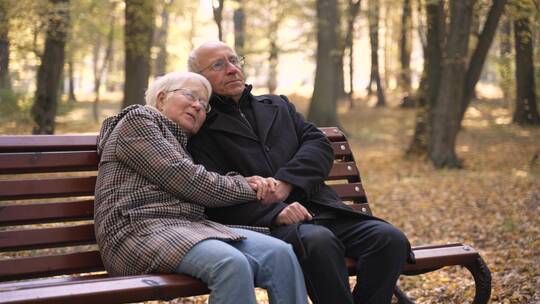 秋季老年夫妇手拉手坐在公园长凳聊天