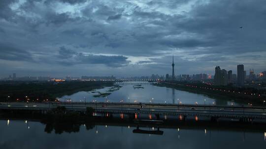 城市航拍洛阳阴雨天后城市云海夜景建筑