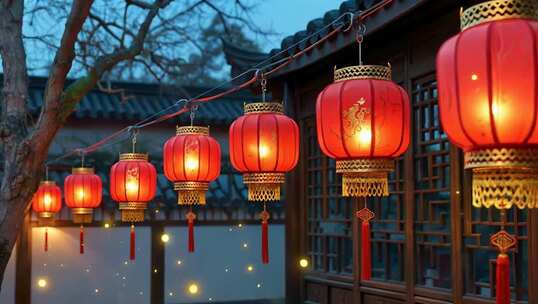 中式建筑前悬挂的红灯笼