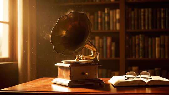 复古唱片机放置于室内桌面