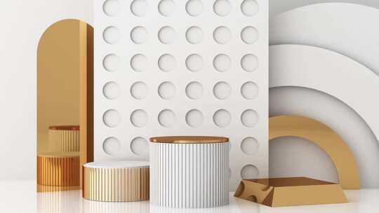 最小场景与讲台和抽象背景。金色和柔和的彩