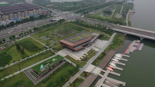 航拍城市建筑风光郑州北龙湖水上运动中心