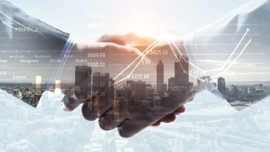 商务人士握手与城市数据画面