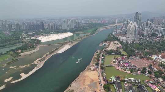 云南西双版纳景洪市澜沧江城市风光航拍