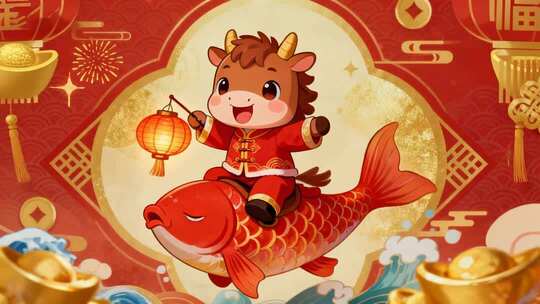 新年春节卡通牛骑锦鲤喜庆祝福动画