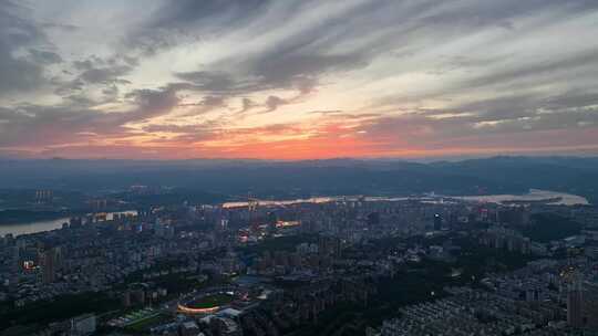 航拍宜昌城市晚霞风景