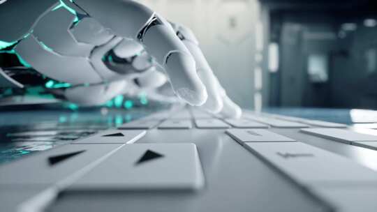 4K-人工智能机器人在键盘上打字的慢镜头