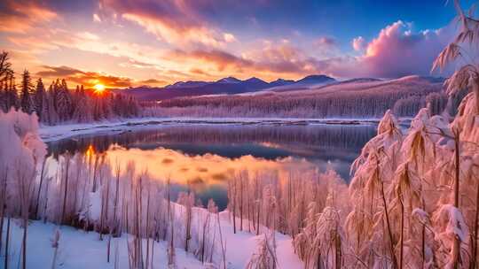 冬日雪景湖泊日出全景