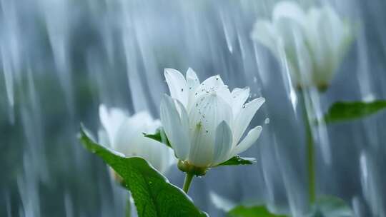 雨中盛开的白色花朵特写