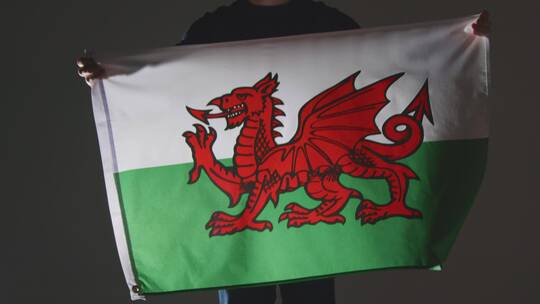 球举着威尔士国旗的特写