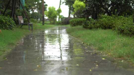 雨后小区地面特写，湿滑路面反射周围景色