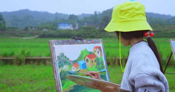 高清实拍户外画画写生农村田园风光