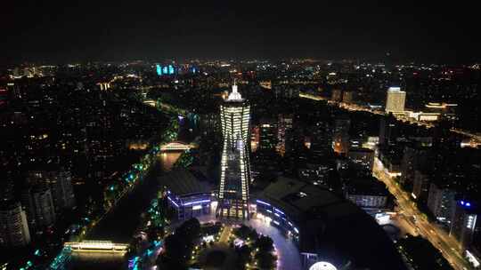 浙江杭州西湖文化广场夜景灯光航拍