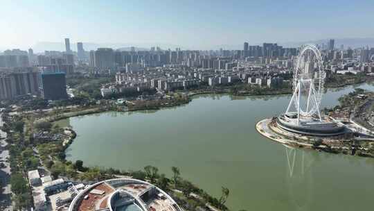 航拍福建福州晋安湖风光晋安湖摩天轮