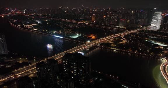 航拍广州大桥交通夜景