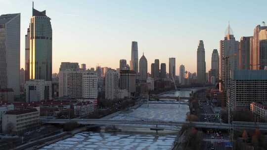 天津海河风景小白楼CBD城市风光傍晚航拍