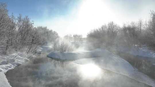 寒冬河流湿地寒雾雪景雾凇自然风光