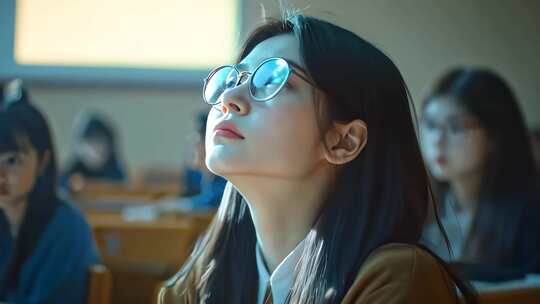 教室中仰头思考的年轻女性