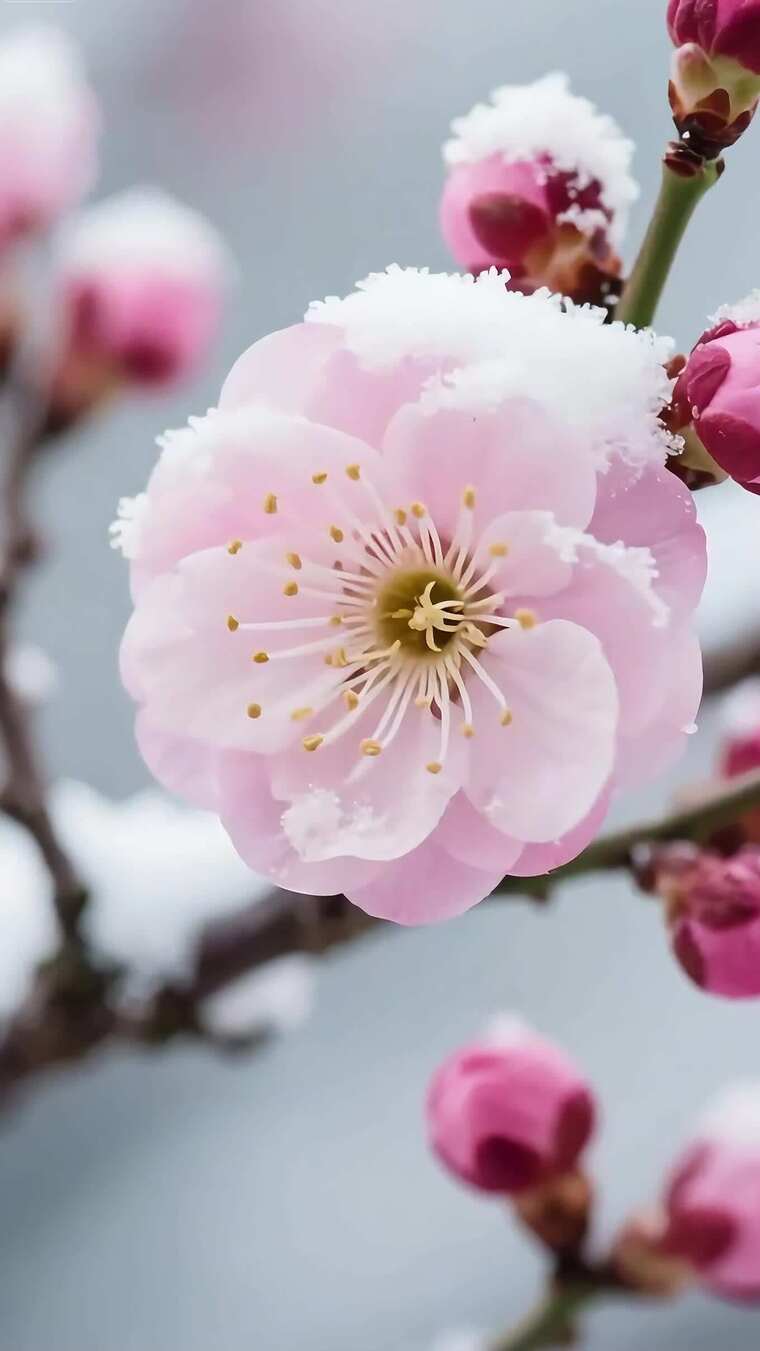 覆雪粉色梅花特写
