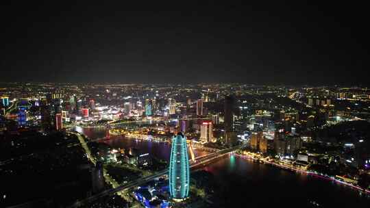 浙江宁波城市夜景灯光航拍