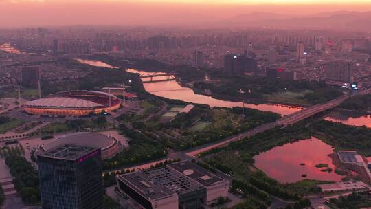 义乌梅湖城市地标晚霞夜景风光4K航拍