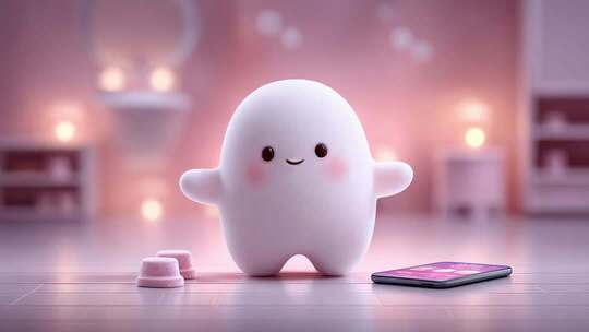 可爱卡通形象与手机互动温馨居家场景