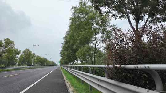 公路旁绿树护栏风景