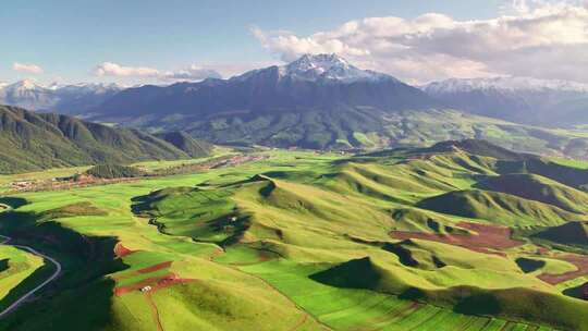 起起伏伏草原雪山自然风光全景