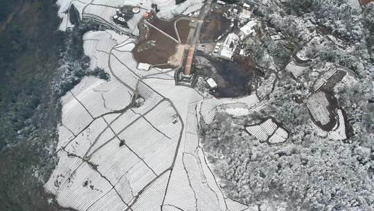 大自然寒潮冬天下雪的村庄田野航拍风景