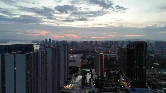 合集广东汕头城市夜幕降临晚霞夕阳航拍