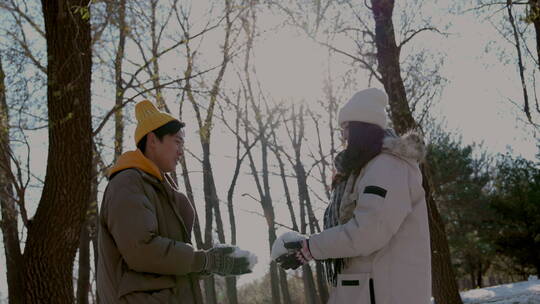 幸福情侣在雪地里玩耍