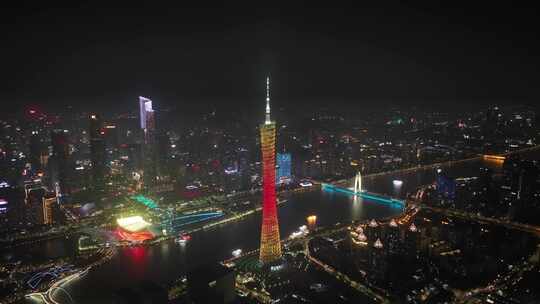 广州塔夜景航拍珠江猎德大桥夜晚江滨风光视频素材模板下载