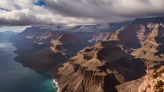 航拍山脉与水域全景