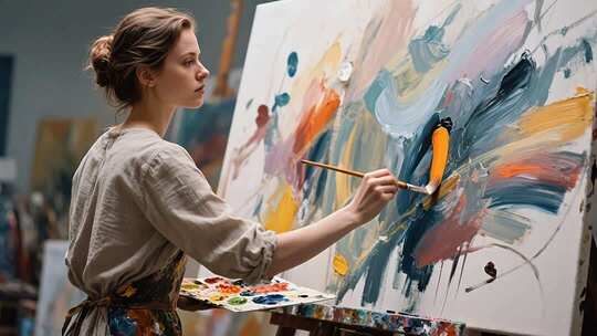 女性艺术家专注绘画
