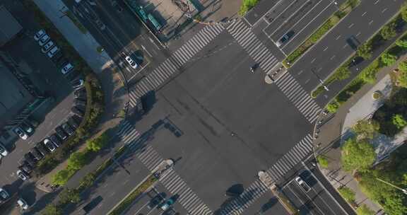 清晨杭州滨江城市街道交通车流航拍