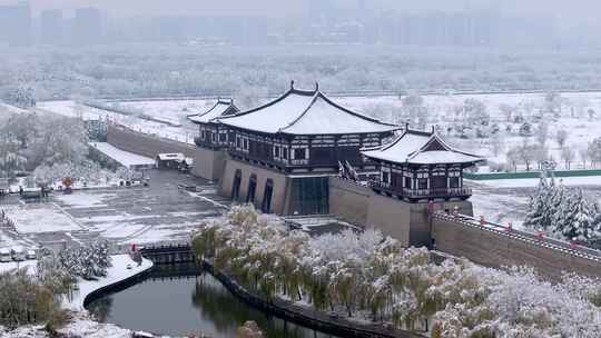 航拍洛阳定鼎门雪景视频素材模板下载