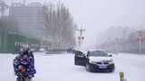 4k北方城市下大雪的路口的行人高清在线视频素材下载