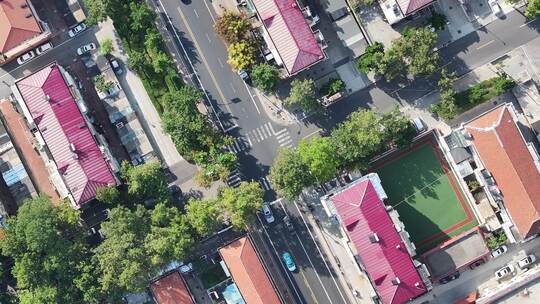 航拍俯瞰威海市环翠区少年路古陌路红瓦绿树