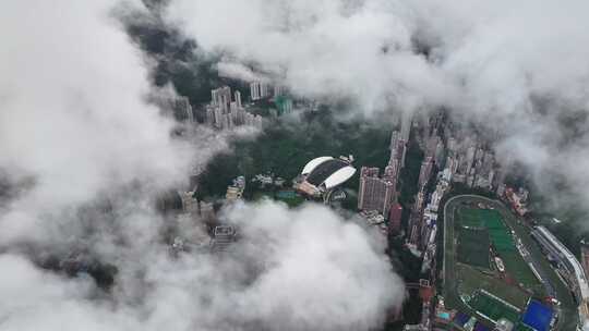 香港维多利亚港飞鹅山日落高空云层航拍