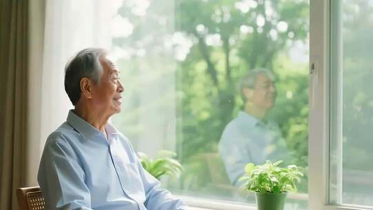 老人窗边静坐望向窗外