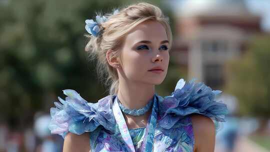 蓝衣少女优雅眺望未来憧憬