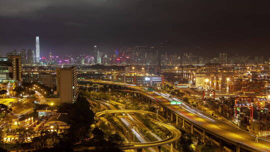 香港夜间货柜码头交通繁忙视频素材模板下载