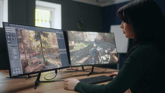 女性游戏设计师正在办公室工作的现代软件中创建新的游戏界面