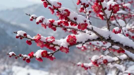 雪中绽放的红色梅花