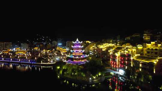 贵州黔东南镇远古镇夜景灯光航拍