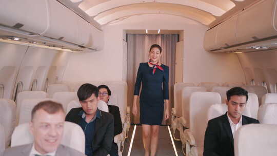 微笑的空姐在飞机上欢迎乘客